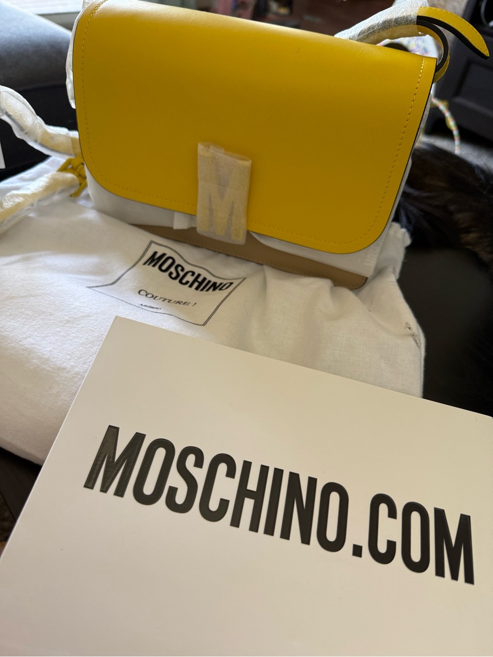 Moschino Two-Tone Yellow and White Leather Crossbody Bag 100% Authentic